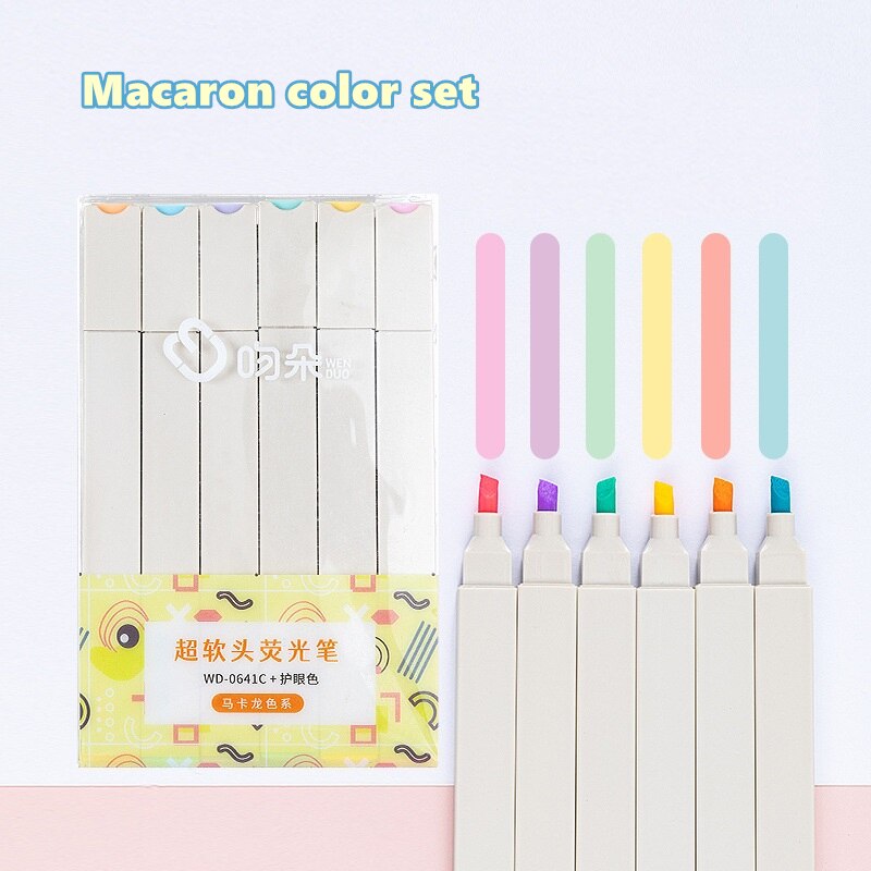 6pcs Light Color Highlighter Pen Set Soft Brush Art Marker Liner for Drawing Paint Office School A6281