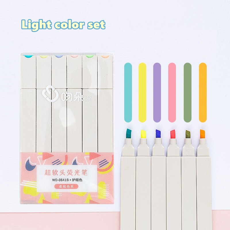 6pcs Light Color Highlighter Pen Set Soft Brush Art Marker Liner for Drawing Paint Office School A6281