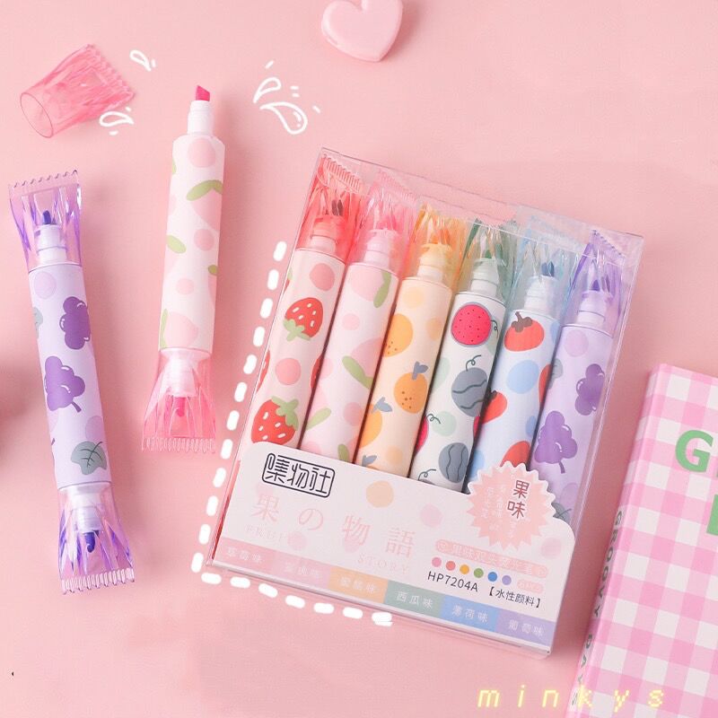 MINKYS New 6pcs/lot Kawaii Fruit Aroma Double Headed Highlighter Pen DIY Graffiti Art Drawing Marker Fluorescent Pen Stationery