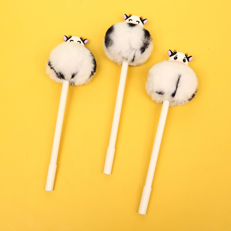 Kawaii Winter Warm Plush Ball Cow Head Mechanical Gel Ink Pens Cute School Office Writing Supplies Stationery Gift Prizes