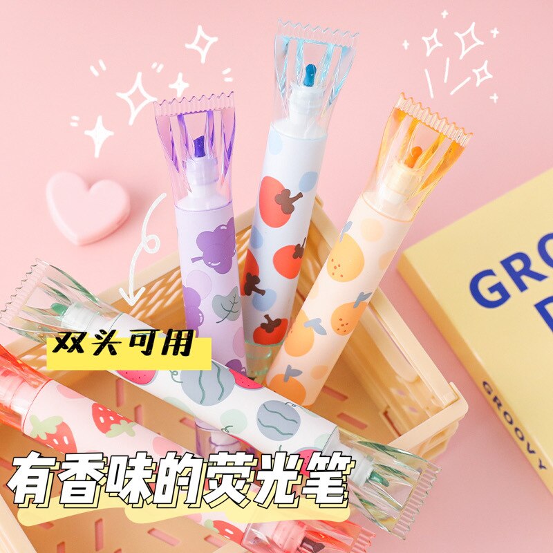 MINKYS New 6pcs/lot Kawaii Fruit Aroma Double Headed Highlighter Pen DIY Graffiti Art Drawing Marker Fluorescent Pen Stationery