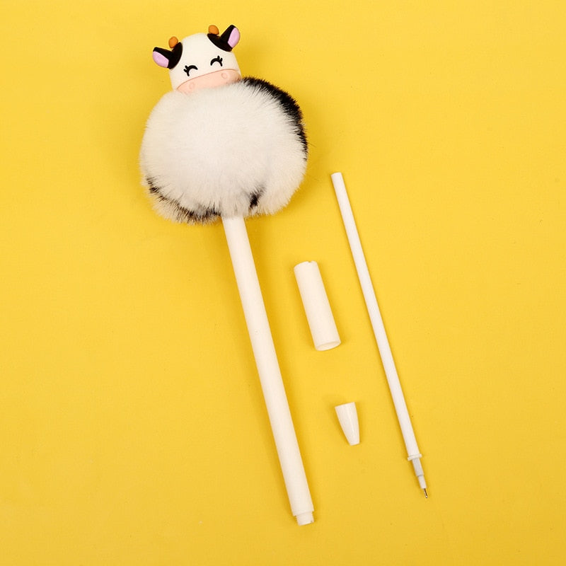 Kawaii Winter Warm Plush Ball Cow Head Mechanical Gel Ink Pens Cute School Office Writing Supplies Stationery Gift Prizes