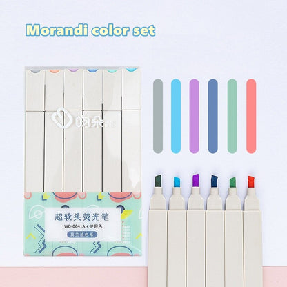 6pcs Light Color Highlighter Pen Set Soft Brush Art Marker Liner for Drawing Paint Office School A6281