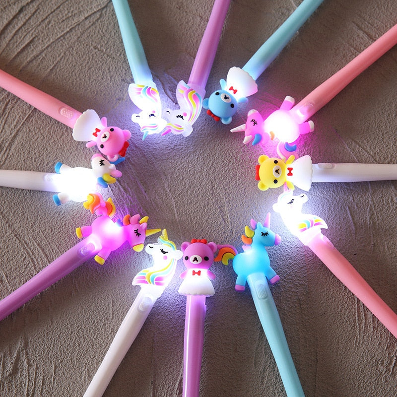 Ballpoint Pen LED Luminous Stationery Set Unicorn And Pony And Bear Children's Gift School Student Writing Suitable For 4/Box