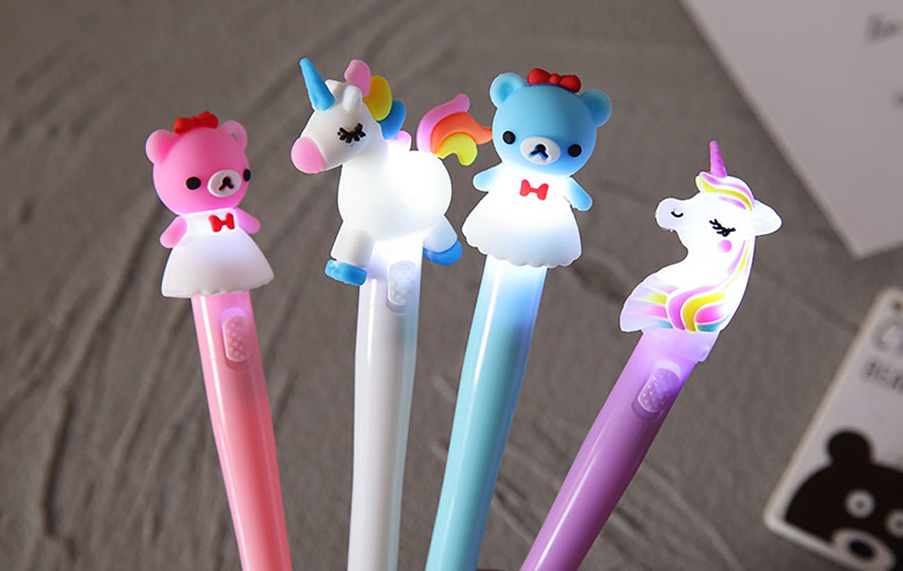 Ballpoint Pen LED Luminous Stationery Set Unicorn And Pony And Bear Children's Gift School Student Writing Suitable For 4/Box