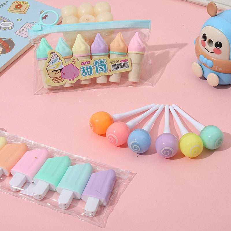 6Pcs Creative Ice Cream Cat Paw Highlighters Set Mini Kids Students Drawing Marking Supplies Kids Novelty Gift Kawaii Stationery