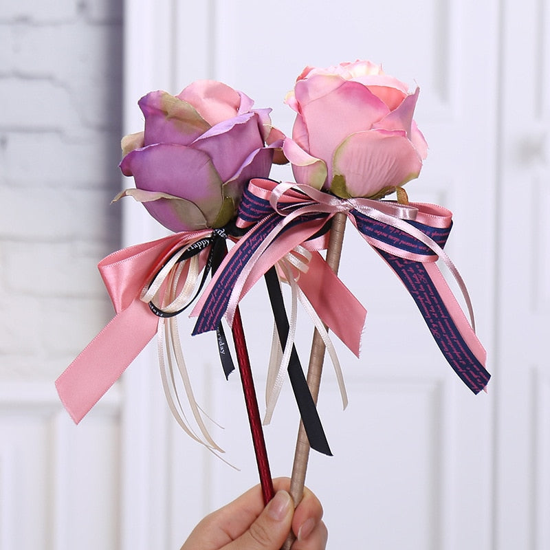 1PCS Creative Simulation Rose Flower Bow Ballpoint Pen Valentine's Day Ballpoint Pens Writing Pen Wedding Gift Pen Office Supply