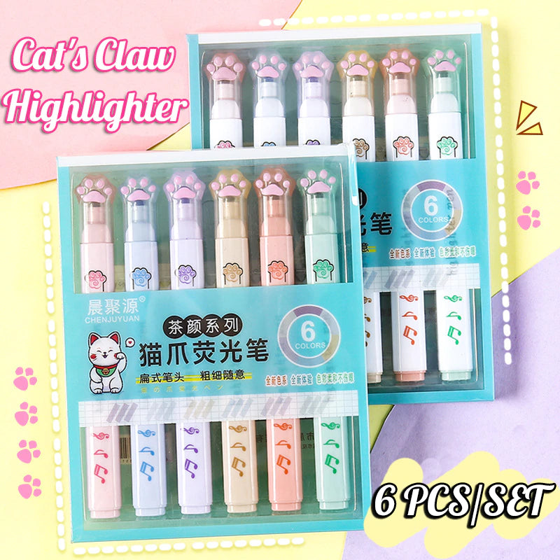 6 Pcs/Set Cute Cat Paw Highlighter Soft Oblique Nib Student Drawing Writing Marker Pens Kawaii Stationery School Supplies