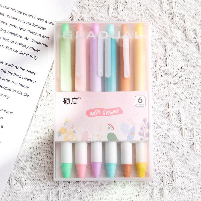 6Pcs/Set Cute Morandi Color Press Gel Pen ST Nib 0.5mm Black Ink Office Signature Pen Student Kawaii Stationery Writing Supplies