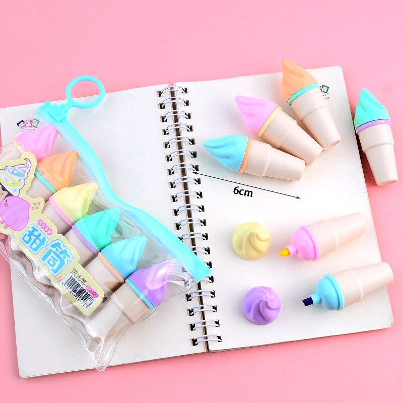 6Pcs Creative Ice Cream Cat Paw Highlighters Set Mini Kids Students Drawing Marking Supplies Kids Novelty Gift Kawaii Stationery