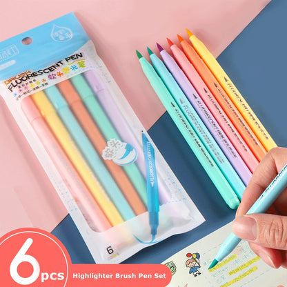 6Pcs Brush Pen Set Calligraphy Marker Pastel Highlighter Water Color Pen For Lettering Sketching Scrapbooking Art Supplies