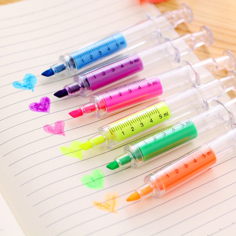 6 Pcs/Set Kawaii Syringe Fluorescent Highlighter Pen Markers Pastel Drawing Pen for Student School Office Supplies Stationery