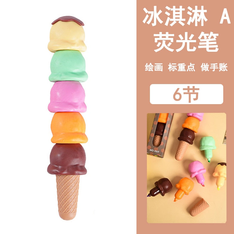 New Style Creative Cartoon Ice Cream Football Highlighter Macaron Color Splicing Pen Student Line Color Note Marker Pen