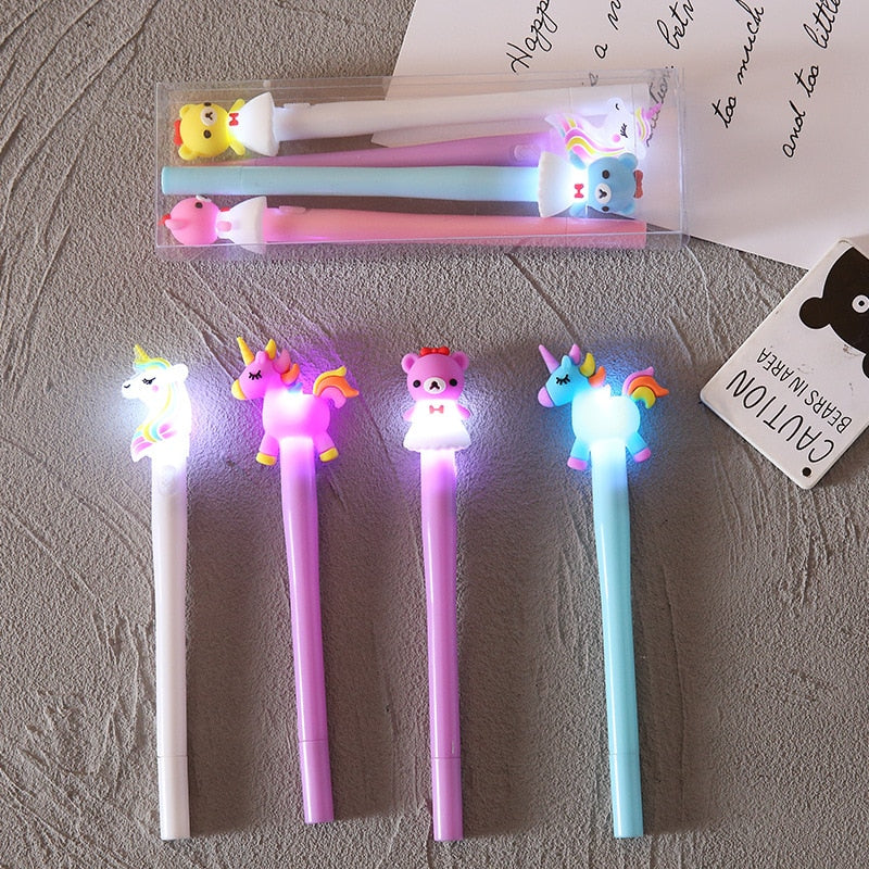 Ballpoint Pen LED Luminous Stationery Set Unicorn And Pony And Bear Children's Gift School Student Writing Suitable For 4/Box