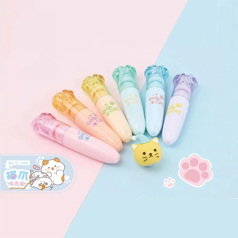 6Pcs Creative Ice Cream Cat Paw Highlighters Set Mini Kids Students Drawing Marking Supplies Kids Novelty Gift Kawaii Stationery