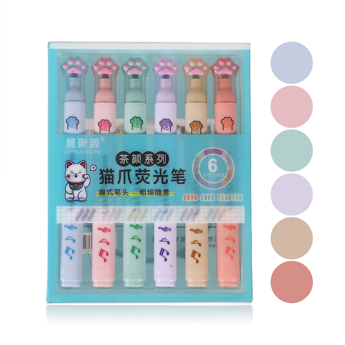 6 Pcs/Set Cute Cat Paw Highlighter Soft Oblique Nib Student Drawing Writing Marker Pens Kawaii Stationery School Supplies