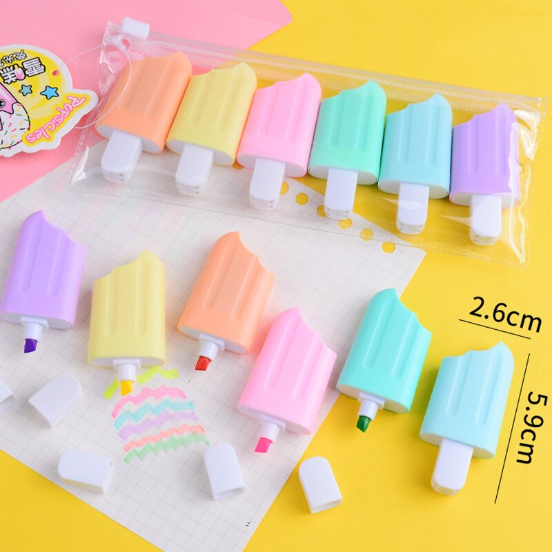 6Pcs Creative Ice Cream Cat Paw Highlighters Set Mini Kids Students Drawing Marking Supplies Kids Novelty Gift Kawaii Stationery