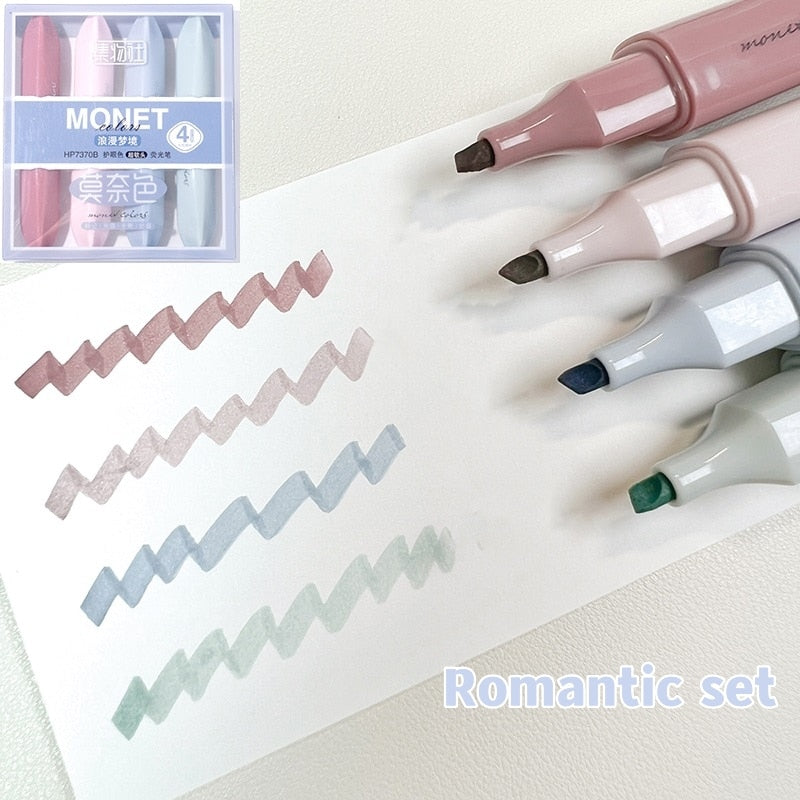 4pcs Monet Colors Highlighter Marker Pens Lipstick Design Soft Brush Tip for Drawing Painting Office Liner School A7314