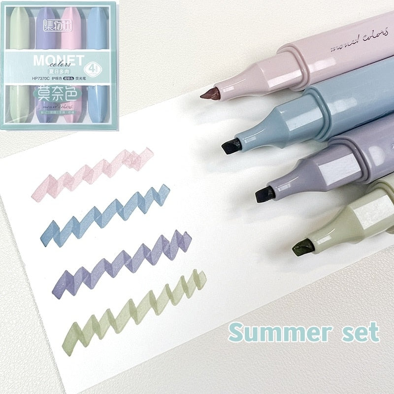 4pcs Monet Colors Highlighter Marker Pens Lipstick Design Soft Brush Tip for Drawing Painting Office Liner School A7314