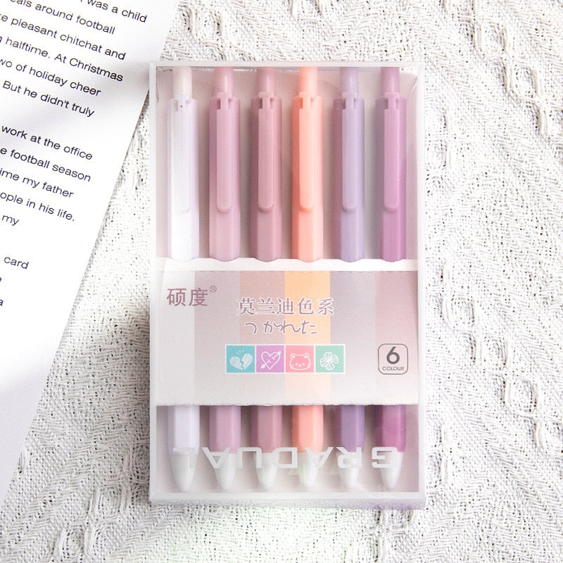 6Pcs/Set Cute Morandi Color Press Gel Pen ST Nib 0.5mm Black Ink Office Signature Pen Student Kawaii Stationery Writing Supplies