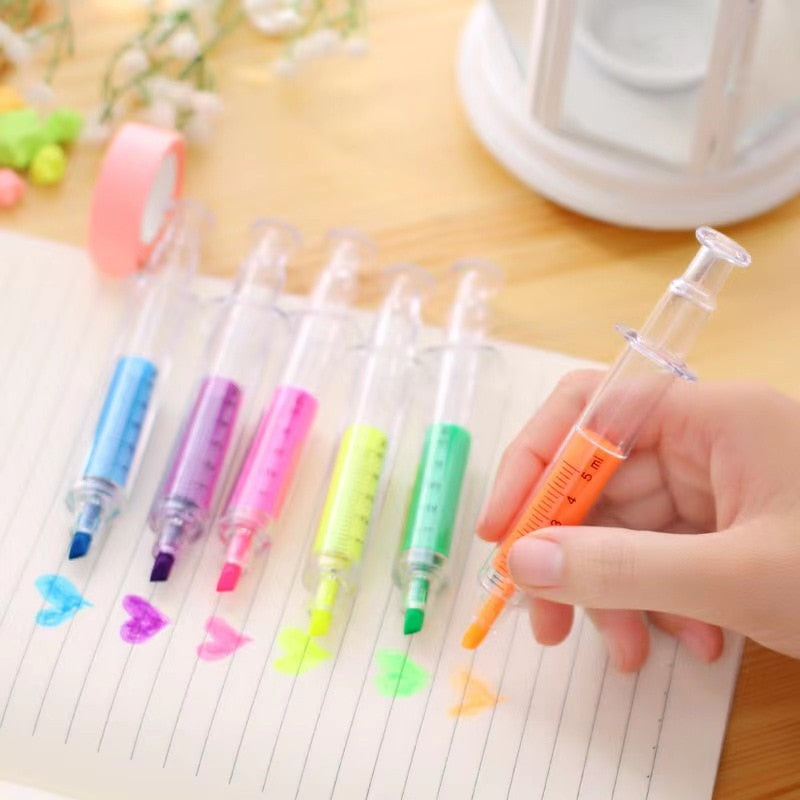 6 Pcs/Set Kawaii Syringe Fluorescent Highlighter Pen Markers Pastel Drawing Pen for Student School Office Supplies Stationery