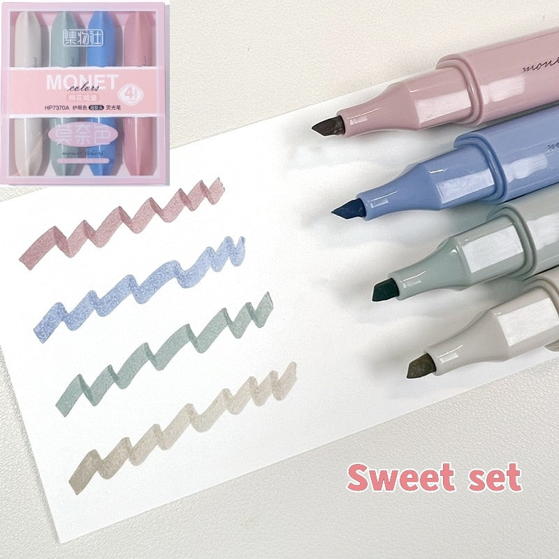 4pcs Monet Colors Highlighter Marker Pens Lipstick Design Soft Brush Tip for Drawing Painting Office Liner School A7314